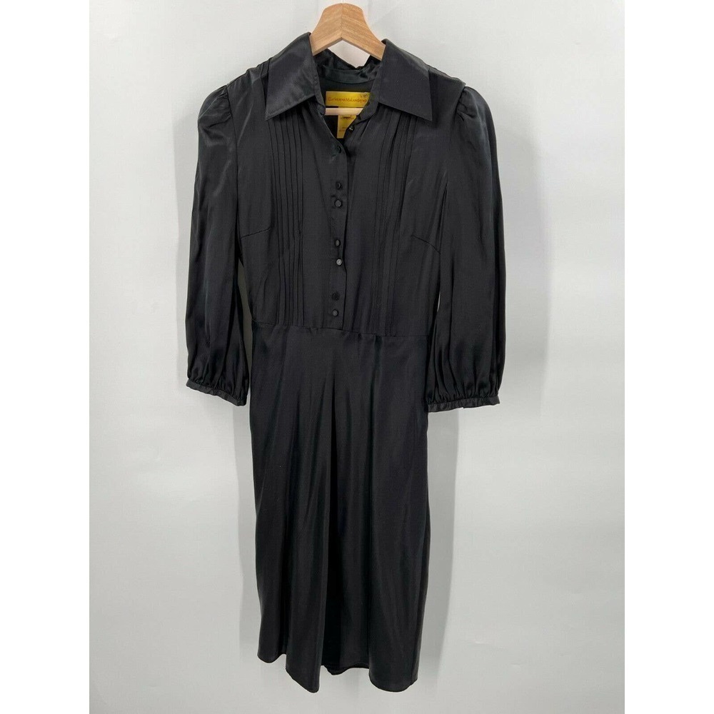 Catherine Malandrino 100% Silk Black Satin Dress 3/4 Sleeve Button Front Size 6